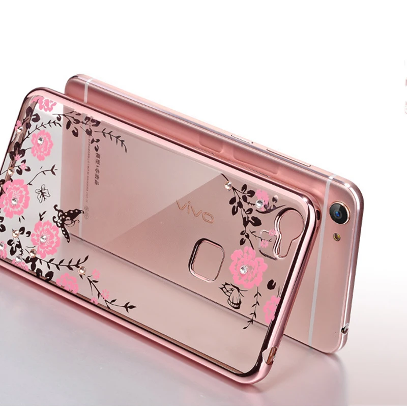 Elivebuy Secret Garden Flowers Plating Diamond Electroplating Cover Phone TPU Case Soft Silicon Transparnt Cell Cases For Vivo x |
