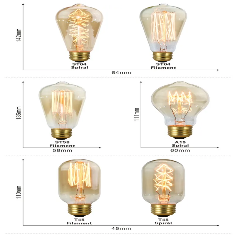 LARZI ретро Edison LED светильник лампочка E27 220 В 40 Вт A19 A60 ST64 T10 T45 T185 G80 G95 нити Винтаж ампулы лампа накаливания со стеклянным колпаком