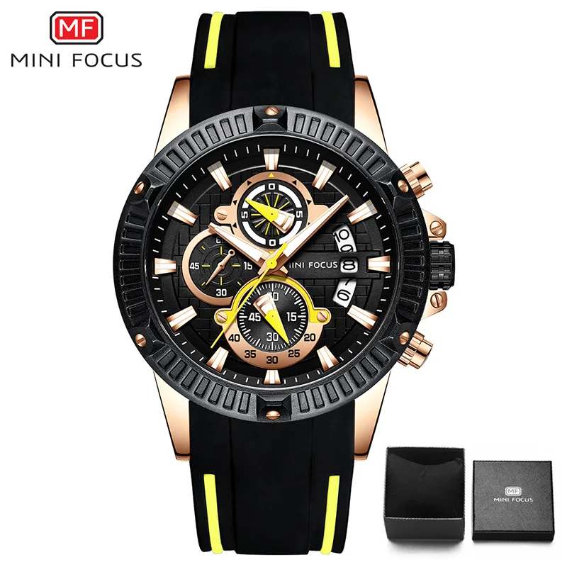 Yellow Blackwith Box Модные Военные Спортивные часы с мини-фокусом, кварцевые Силиконовые наручные часы с хронографом, мужские водонепроницаемые часы с календарем, reloj masculino - Цвет: Yellow Blackwith Box