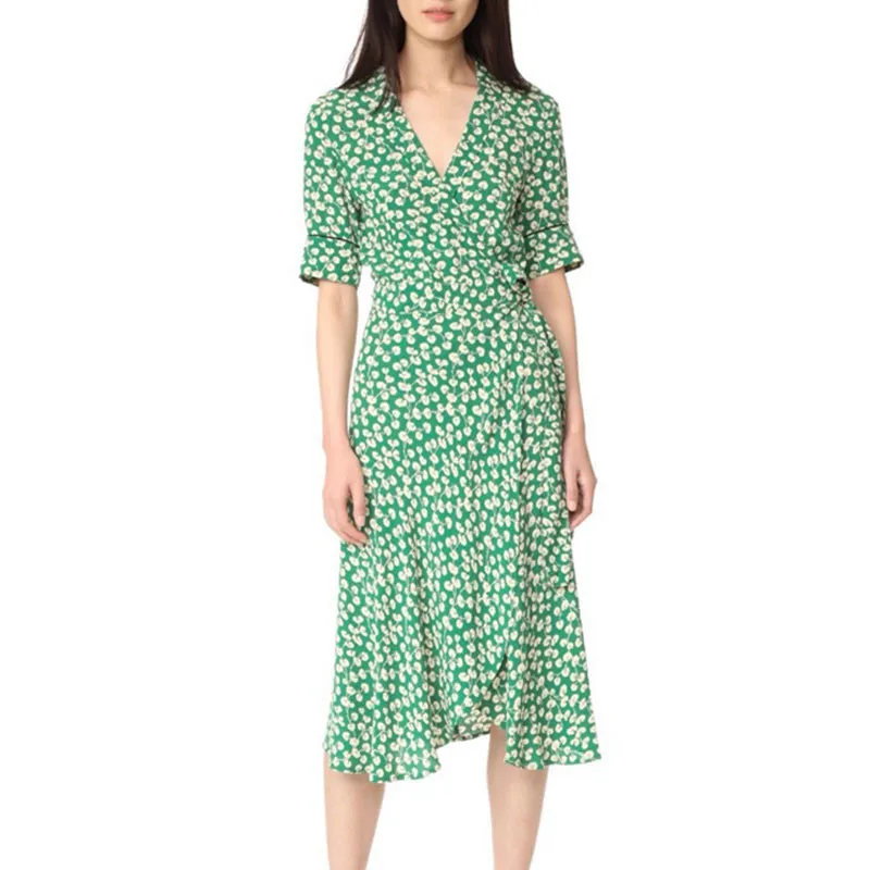 Женское платье в стиле ретро зеленое Бандажное с цветочным принтом v образным