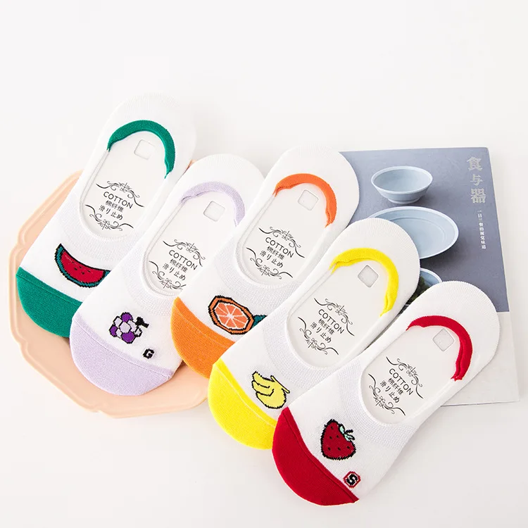fruits Jeseca 5 Pairs/Lot Women Cotton Sock Cartoon Animal Cute No Show Sock Japanese Kawaii School Student Invisible Non-slip Boat Sox - Цвет: fruits