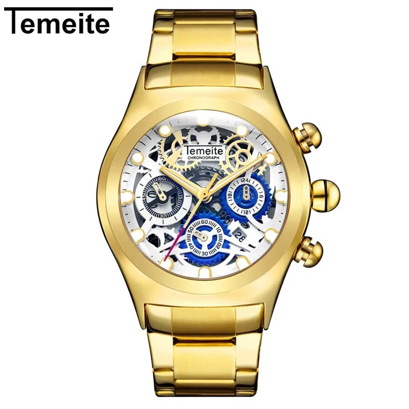 Gold White Relogio Masculino TEMEITE Лидирующий бренд Мужские часы Роскошные модные золотые бизнес полностью Стальные кварцевые наручные часы Мужские часы Прямая поставка - Цвет: Gold White