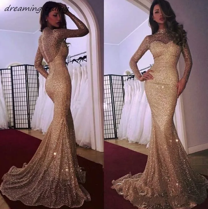Гламурные Выпускные платья русалки с длинным рукавом и блестками вечернее