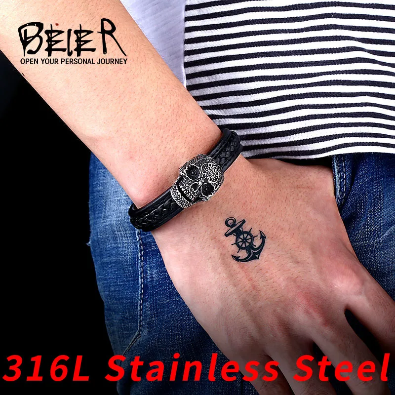 BEIER Wholesale Dropshipping Skull Bangle Man's High Quality Genes Simple Style Leather Bracelet For Man BC L024|bracelets for|leather
