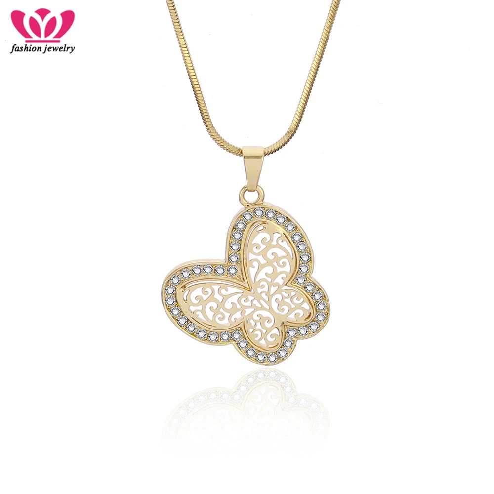 

CZ Crystal Gold Butterfly Pendant Necklace Women Wedding Jewelry Clavicle Choker Necklace Hollow Flower Charm Design