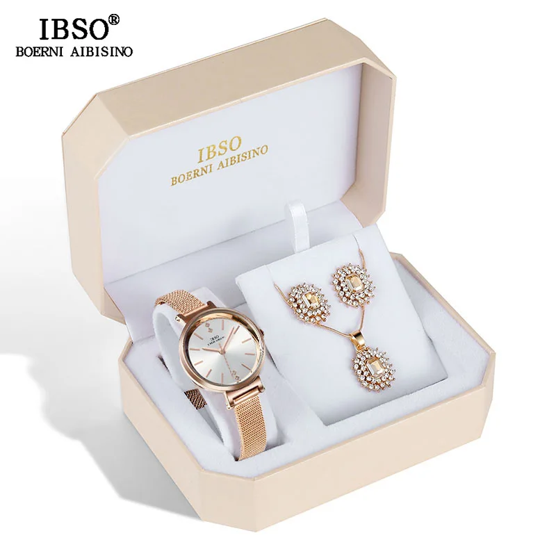 

IBSO Brand Women Crystal Design Watch Set Female Jewelry Set Fashion Creative Quartz Watch Earring Necklace Set Lady's Gift