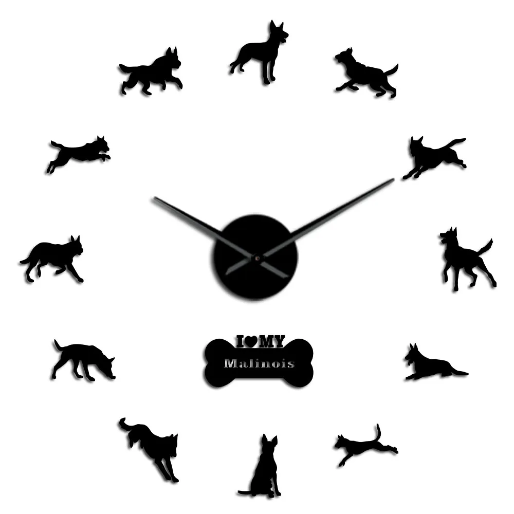 Black Бельгийская овчарка большие безрамные немой настенные часы Mechelse Shepherd домашний декор Malinois часы Chien de Berger Belge DIY наклейки - Цвет: Black