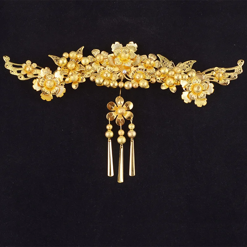 JaneVini Chinese Handmade Vintage Hair Clip Bridal Headwear Crown Golden Tassel Hairpin Earring Women Jewelry Hair Accessories