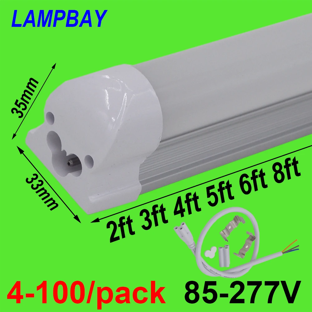 4-100/pak LED Tube Light 2ft 3ft 4ft 5ft 6ft 8ft T8 Integrated Fixture Surface Mounted Lamp Fluorescent Bulb Lighting 85-277V