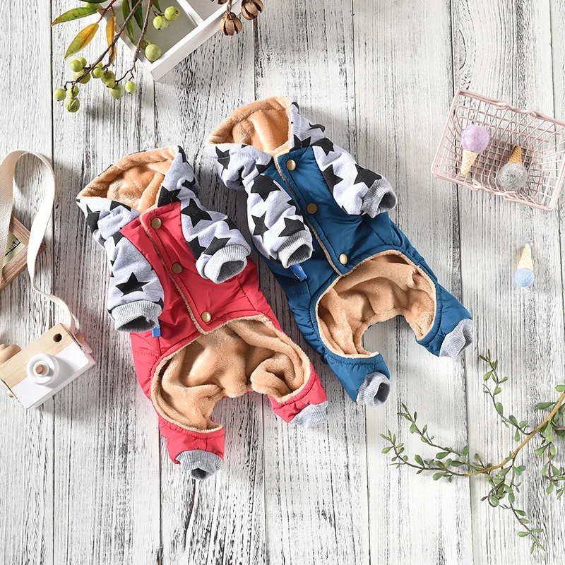 Winter New Arrivals Warm Dog Clothes with Five-pointed Star Printed Hit Color Four-footed Pet Jumpsuit for Small Dog Pug Clothes