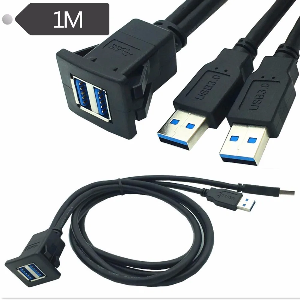 Dual USB 3.0 A Male to Female Snap in Panel Mount Dashboard Extension Cable For Car Motorcycle 1m 2m | Data Cables
