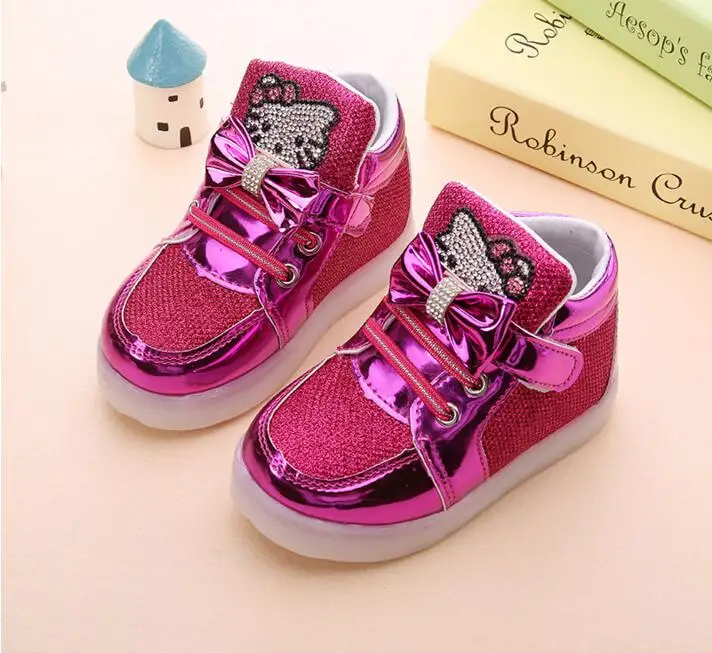 Бренд Новые детские туфли Новинка весны Hello Kitty со стразами обувь со светодиодной подсветкой для девочек принцессы Милая обувь с светильник EU 21-30 - Цвет: rose red