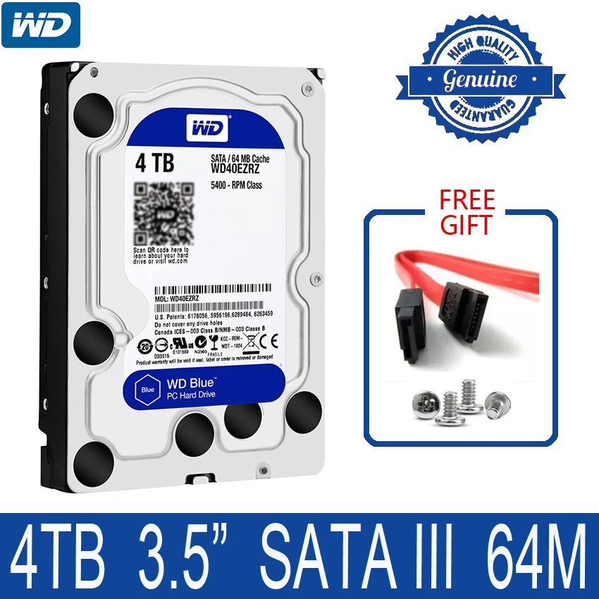 Внутренний жесткий диск WD Blue на 4 ТБ, 3,5 дюйма, 5400 об/мин, 64 Мб ...