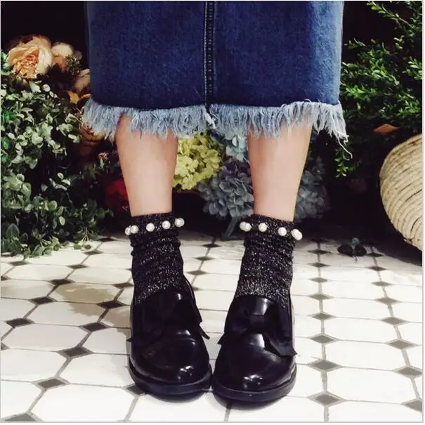 

2017 Vintage Glitter Socks Silver Onions Pearl Beading Female Socks