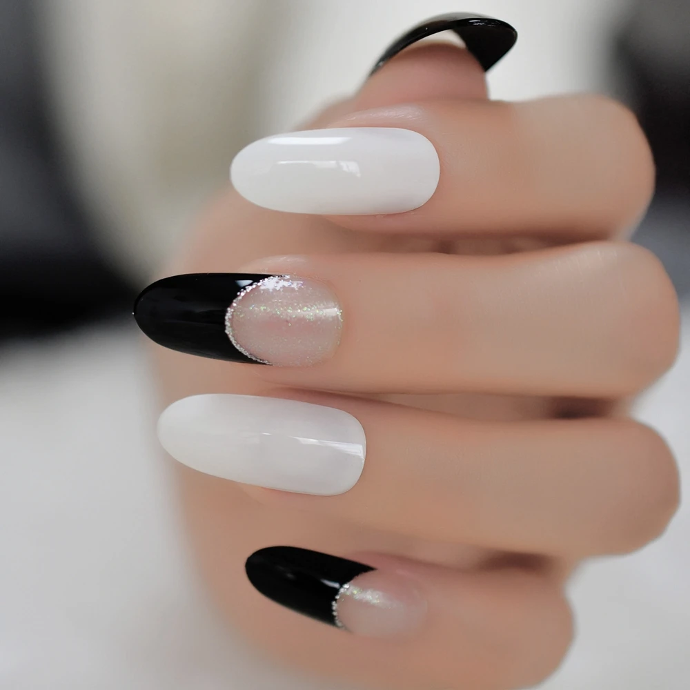 Длинные овальные черные и белые накладные ногти сверкающие блестящие