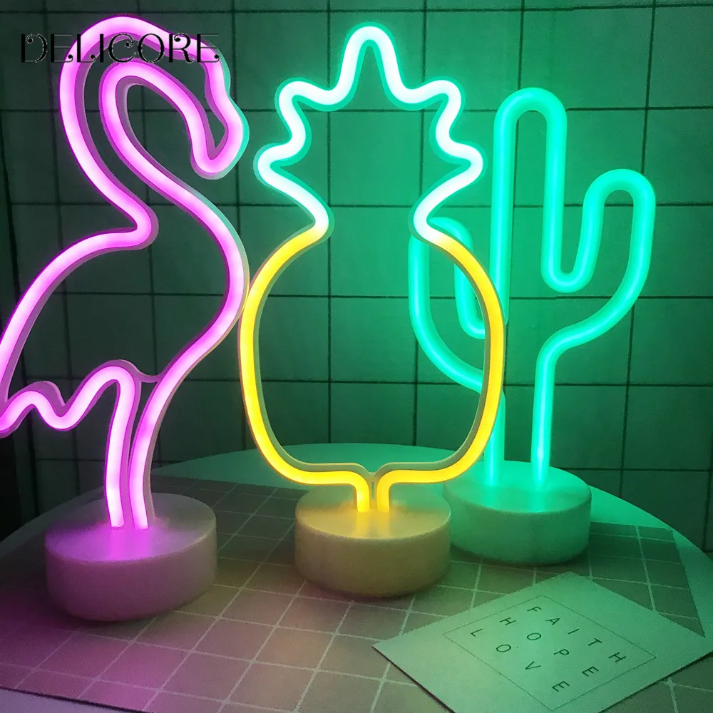 DELICORE фламинго и ананасы в форме кактуса светодиодный неоновый свет ночь с