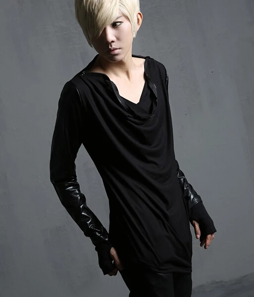 Модная крутая Мужская футболка в стиле панк с длинным кожаным рукавом перчатки