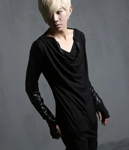 Модная крутая Мужская футболка в стиле панк с длинным кожаным рукавом перчатки на молнии черного цвета приталенная одежда в стиле рок Готика