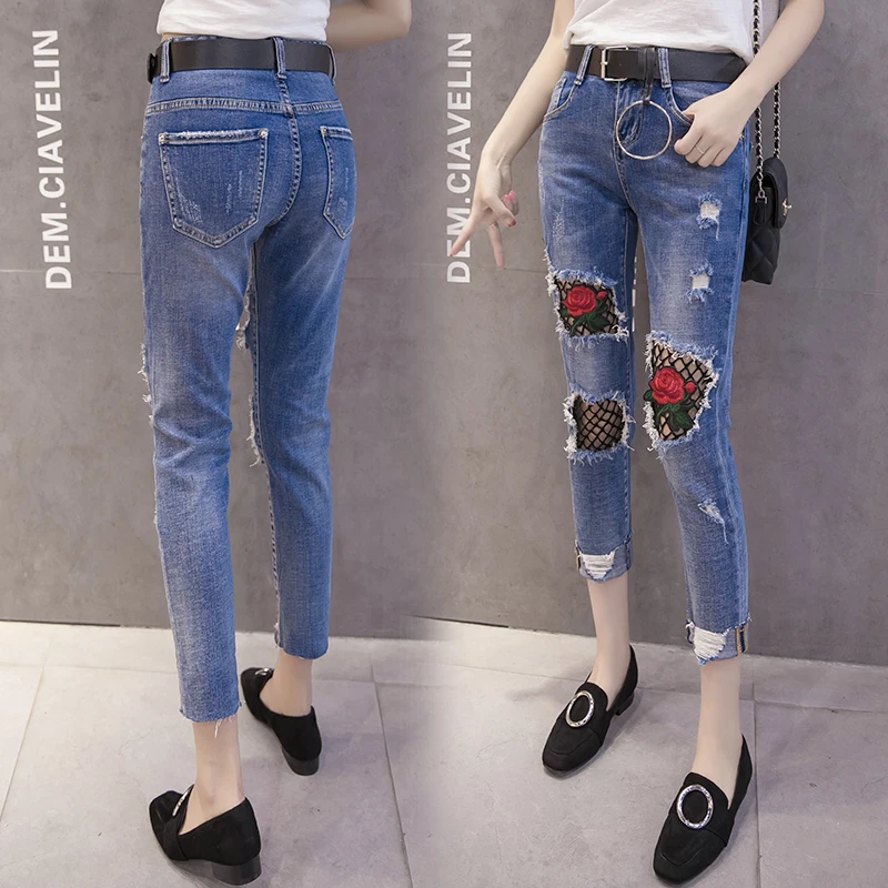 2019 весенние рыболовные сети полые розы цветы Сращивание джинсы Женщины средняя