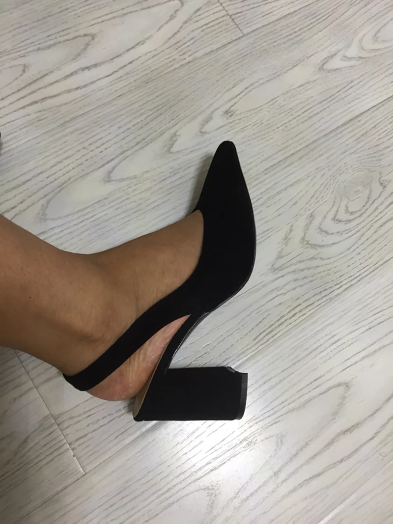 Высокие каблуки Короткая Slingback мода Работа насосы Размер 4 34 Синяя женская обувь офис элегантный замша черный Указательный палец 33 китайская новая Лето Китай