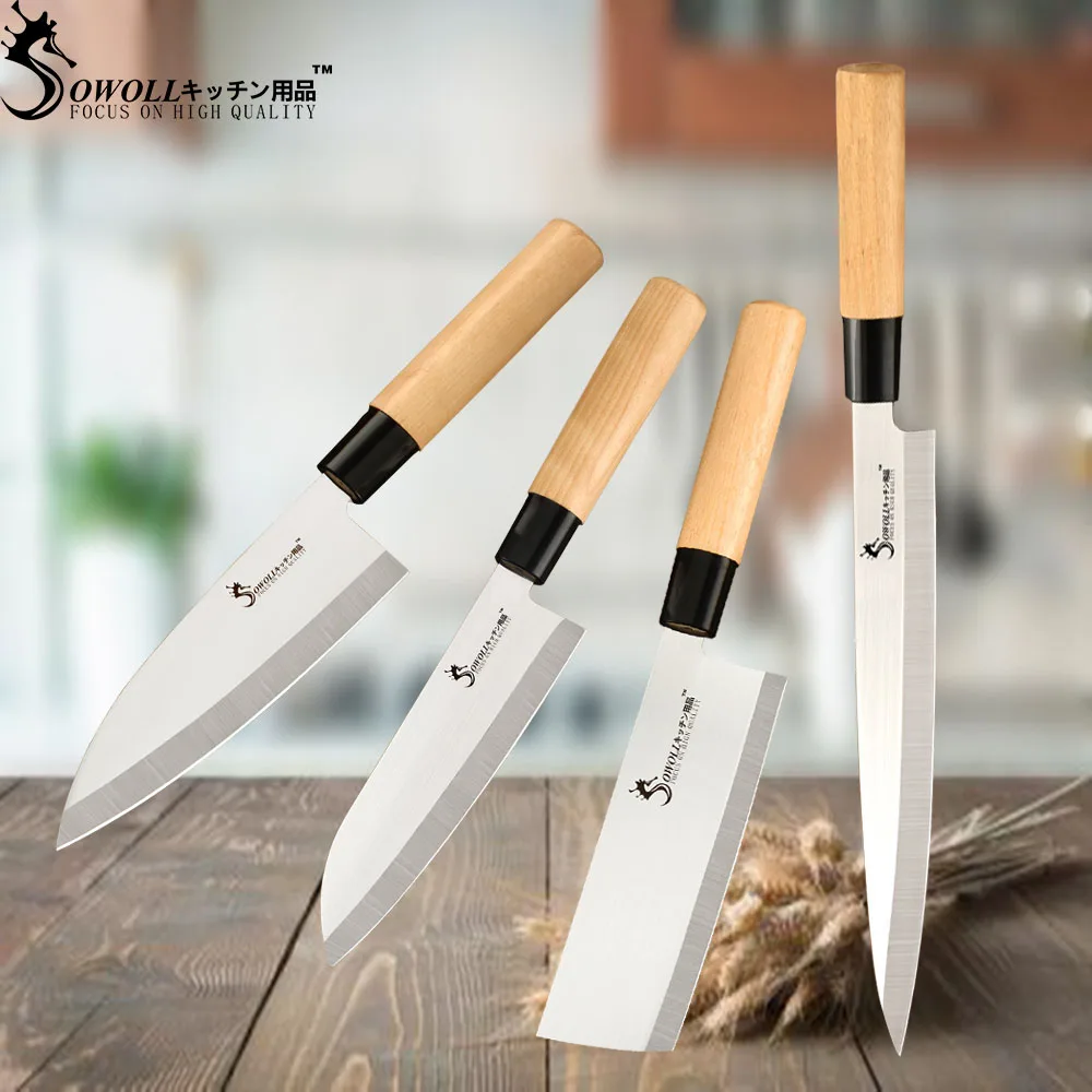 4Pcs Set SOWOLL набор ножей из нержавеющей стали острый нож нарезки поднос для суши и сашими кухонный нож для разделки рыбы комплект поварских ножей - Цвет: 4Pcs Set