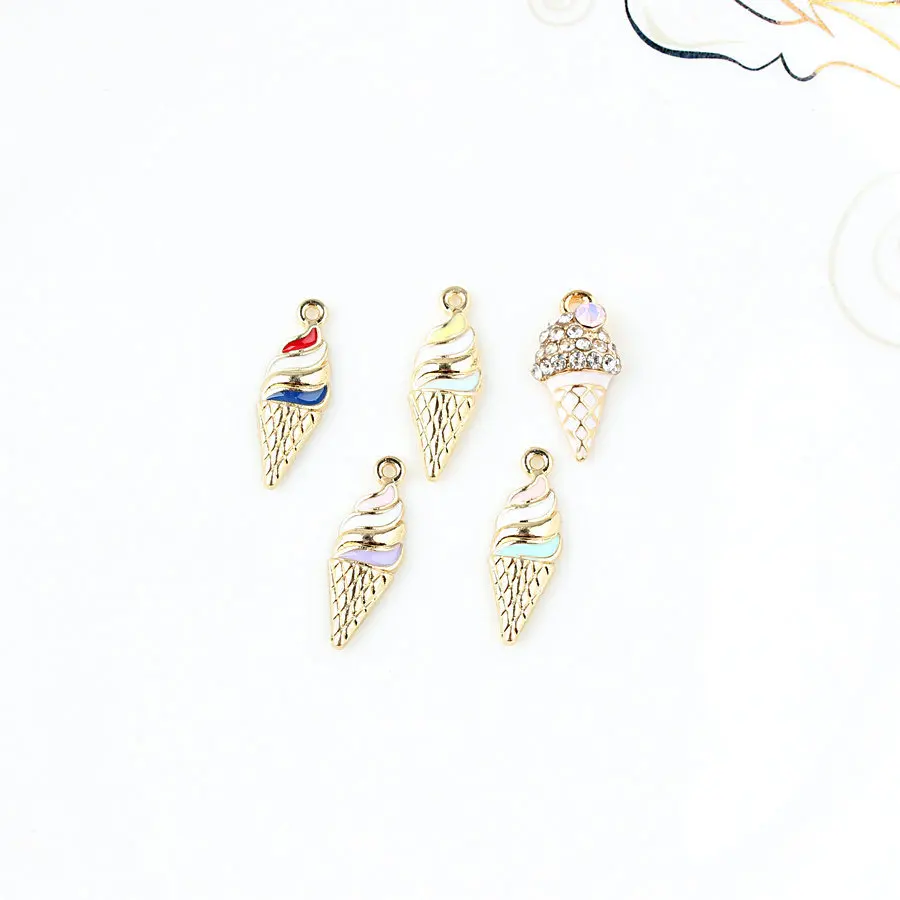 

10PCS/Lot Fashion Jewelry Enamel Metal Alloy Ice Cream DIY Jewelry Bracelet Charms Gold Color Tone Necklace Floating Charm
