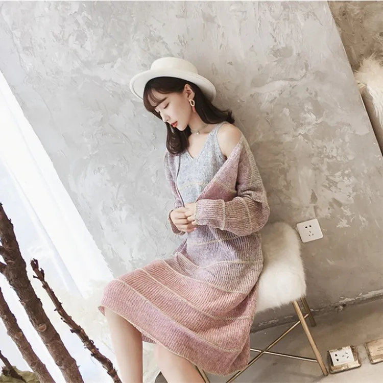 2018 Новое поступление женский осенний комплект одежды Вязание градиент v-образным