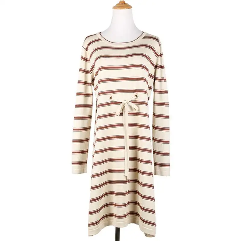 GIGOGOU Spring Autumn Long Dress Women Knitted Pullover Sweater Vintage Black Striped Dresses Sleeve Ladies | Женская одежда