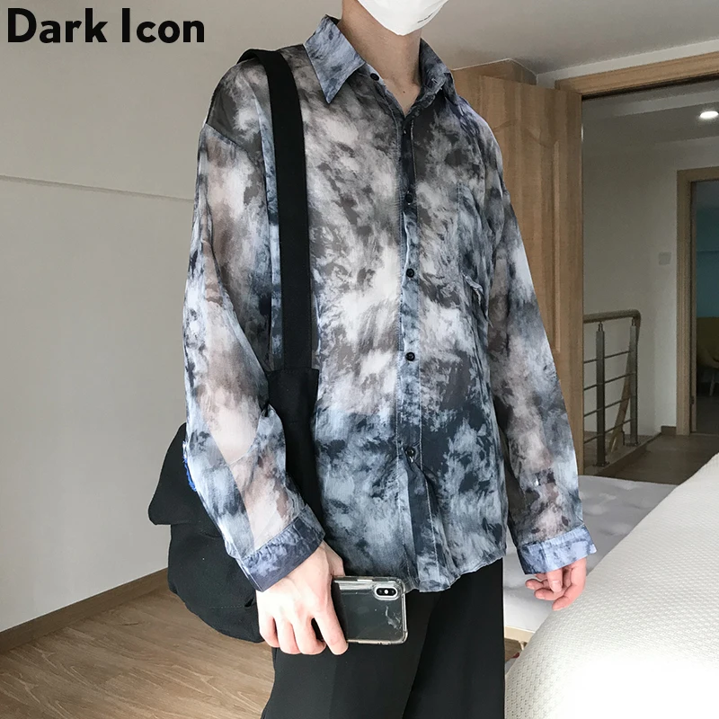 Dark Icon Tie Dyeing Turn-Down Collar Mush Shirts Men 2019 Autumn Street Hip Hop Thin Men’s Shirt Long Sleeve Blue/Grey | Мужская