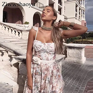 Многоцветный Ziwwshaoyu Сексуальная спинки платья без бретелек вышивки выдалбливают печати отпуск нерегулярные платье Весна и лето новые женские - Цвет: Многоцветный