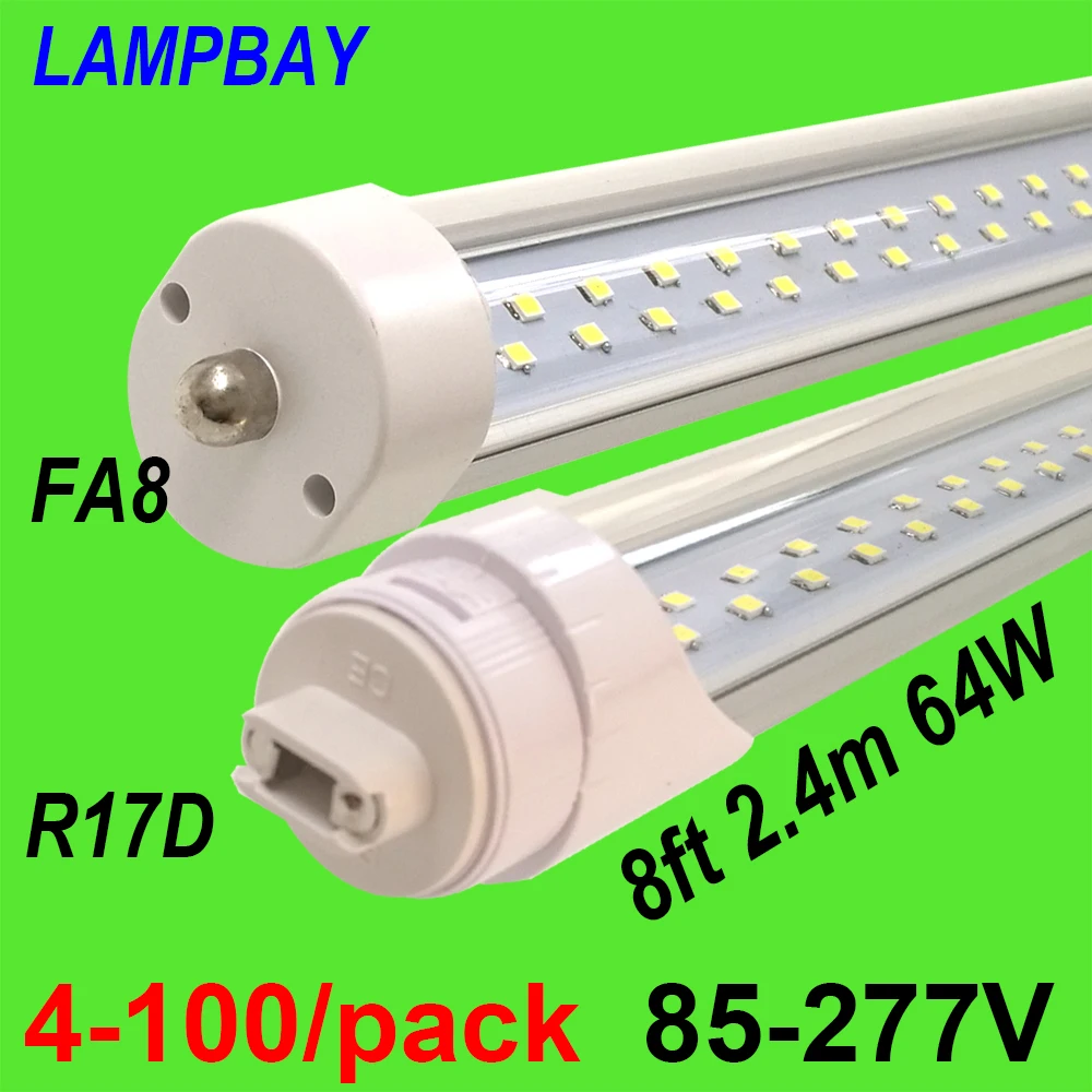 4-100/pack Super Bright LED Tube Bulb 8ft 2.4m FA8 R17D Rotated HO Twin Row Lights Retrofit Fluorescent Lamp Double Bar Lighting