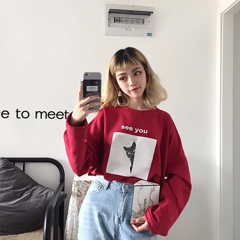 red Женские футболки Ulzzang для студентов, шикарная футболка с принтом и длинным рукавом, Женская свободная ретро Корейская стильная Harajuku верхняя одежда с круглым вырезом для отдыха - Цвет: red