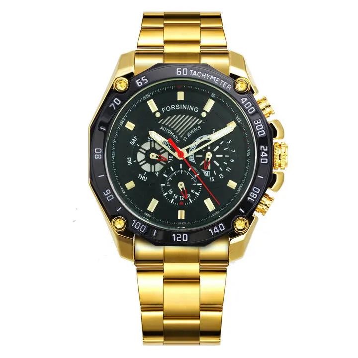 GOLDEN BLACK Лидирующий бренд Мужские часы Механические роскошные часы ремешок из нержавеющей стали Хронограф Дата автоматические Модные деловые наручные часы - Цвет: GOLDEN BLACK