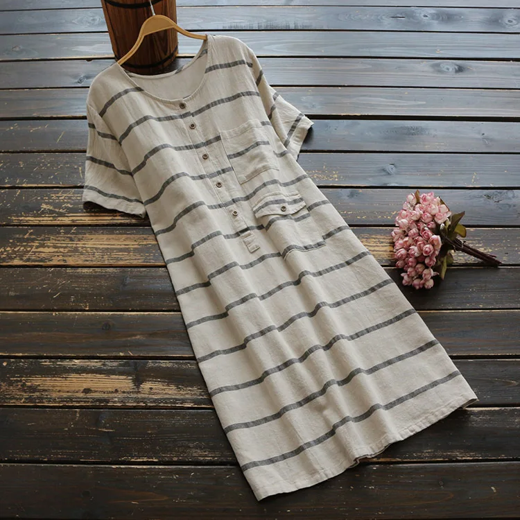 Женское винтажное платье трапеция средней длины из хлопка и льна в полоску с