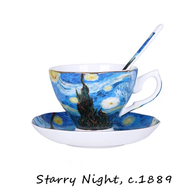 The Starry Night Изысканный китайский фарфор Ван Гог Книги по искусству знаменитая картина маслом Watcher Книги по искусству работа кафе Кофе кружка Наборы с блюдцем Чай чашки подарок любовника Caneca - Цвет: The Starry Night