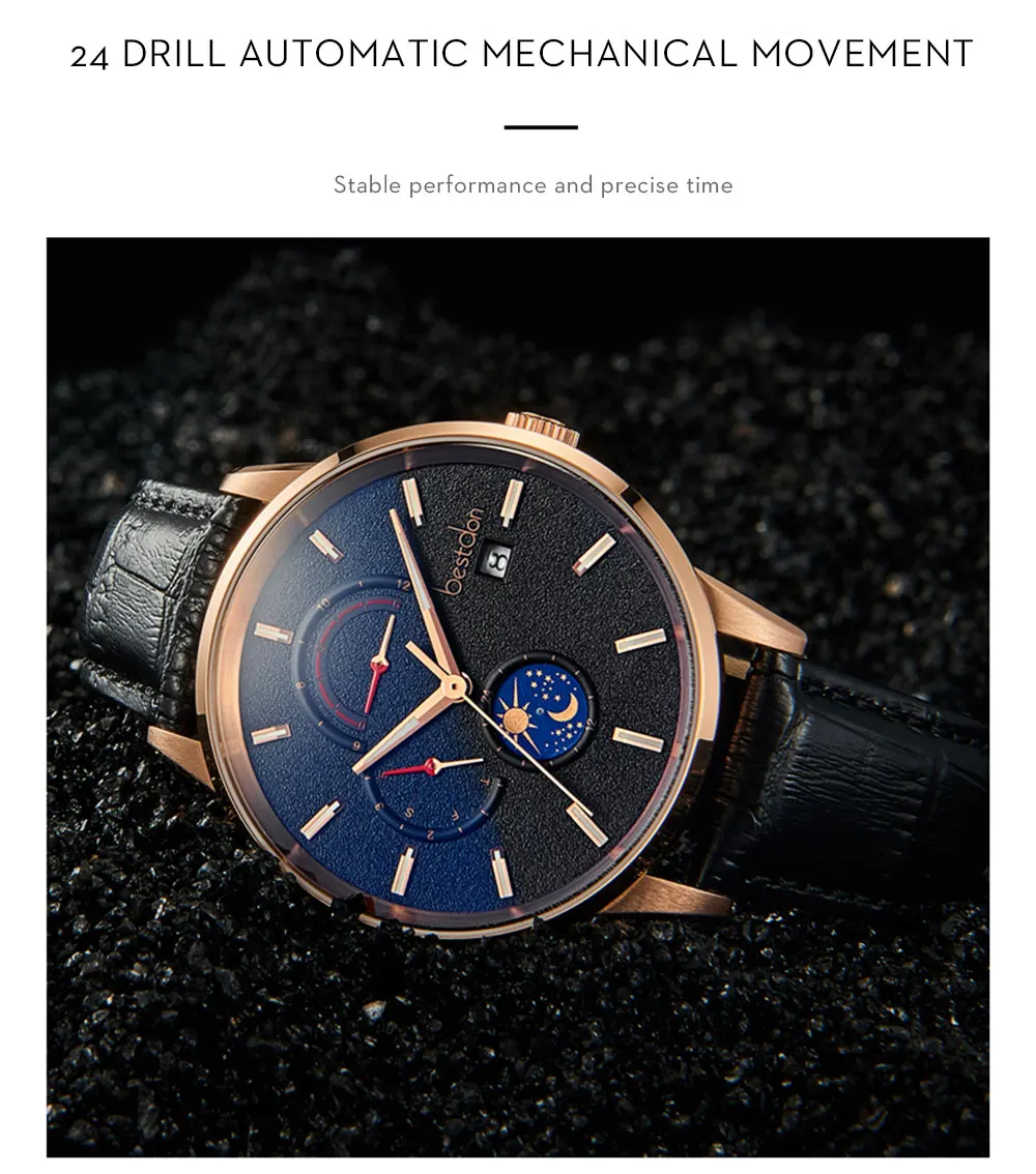 Bestdon Мужские Спортивные механические часы Роскошные автоматические Moon Phase часы водонепроницаемые кожаные повседневные Лидирующий бренд Relogio Masculino