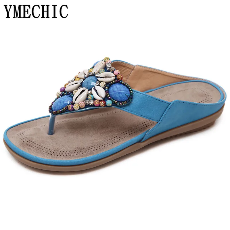 Женские пляжные шлепанцы YMECHIC красные синие на плоской подошве украшенные