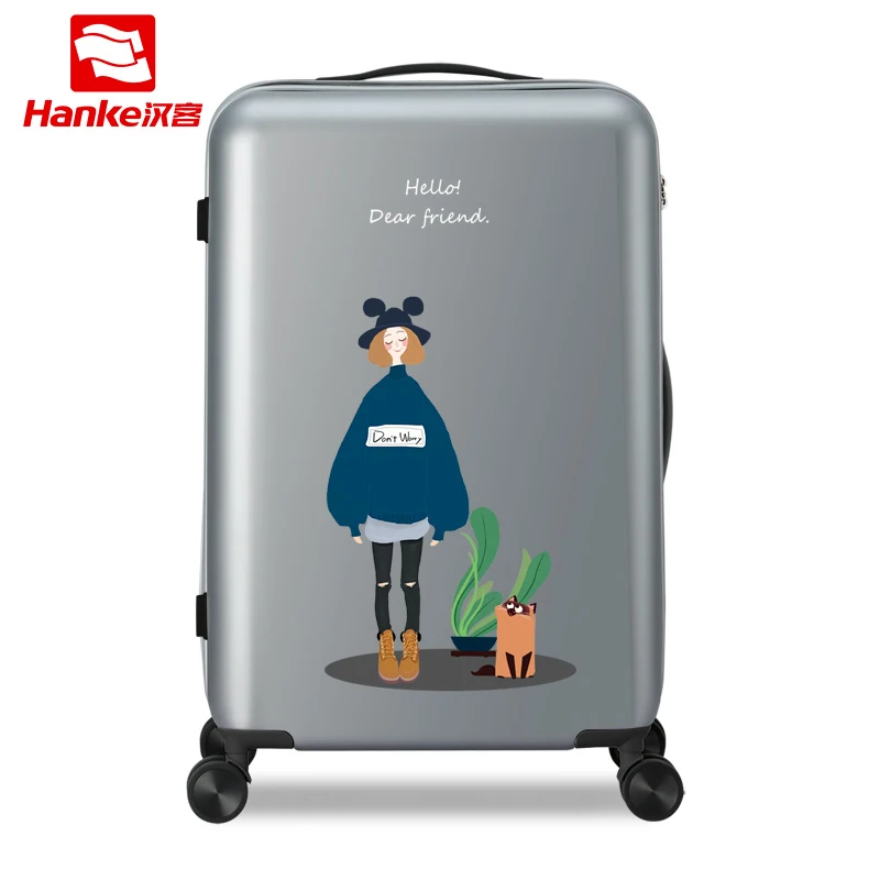 Light Gray(QC) Hanke 2" Сумка для багажа на колесиках, дорожный костюм, чехол для женщин и девочек, Женский мультяшный Спиннер, Жесткая Сторона, тележка, переноска, посадочный чехол H9806 - Цвет: Light Gray(QC)