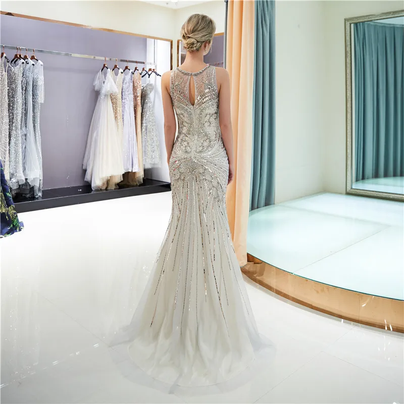 Elegant long prom dresses mermaid silver prom dress sleeveless high neck with sequins fully beads women evening party gowns