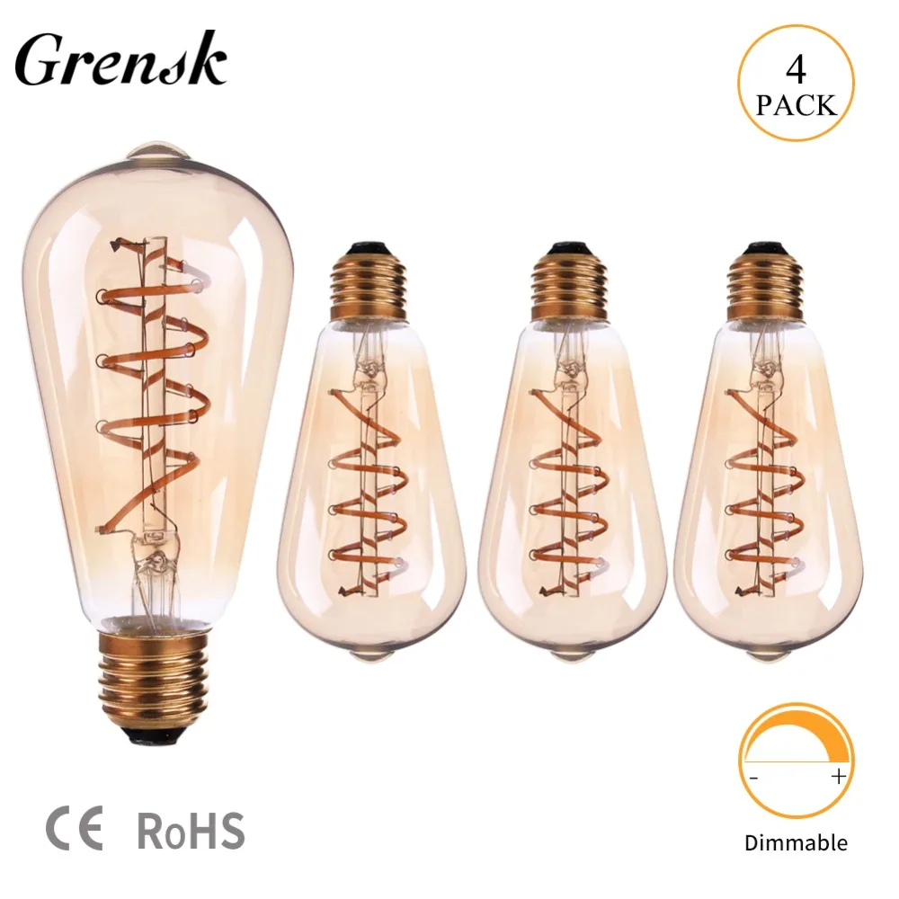 

Grensk ST64 Led Spiral Filament Led Edison Globe Gold Tinted Bulb 3w E27 Amber Glass 2200k Retro Dimmable Decorative Lights Lamp