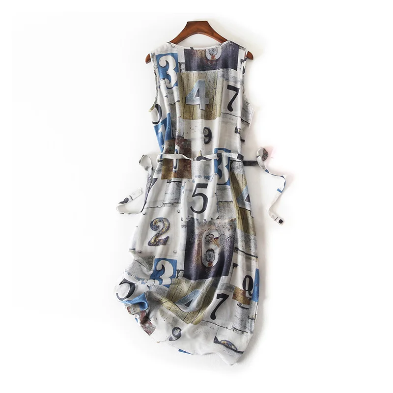 Женское платье с поясом платья из 100% натурального шелка принтом без рукавов