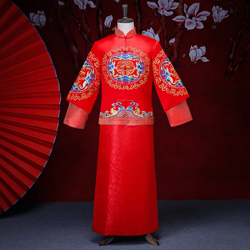 

Chinese style groom wedding long gown tang suit male suit costume show pratensis dragon gown chinese tunic suit men's formal