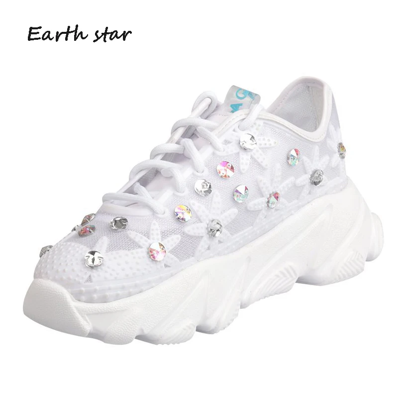 Обувь с украшением в виде кристаллов Женские массивные кроссовки на платформе