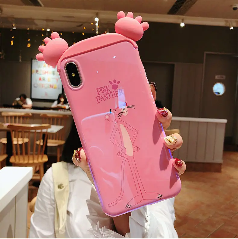 Чехол с 3D синим светом для iphone 11 X XR XS Pro Max Cartoon bear, чехлы для телефонов iphone 8 7 6 6S Plus, чехол Розовая пантера - Цвет: Pink Panther No. 2