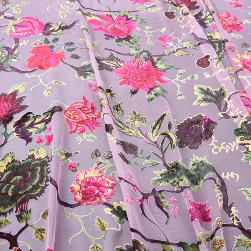 

114CM Wide Thin Red Floral Light Purple Burnt-out Silk Fabric for Summer Spring Suit Dress H281