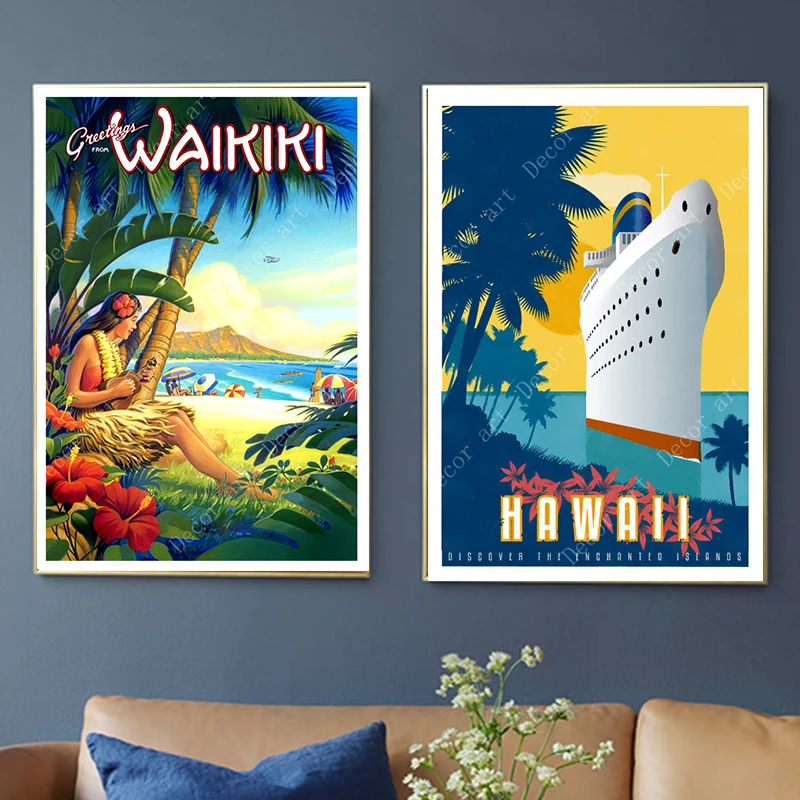 Американский Waikiki праздник Гавайи путешествия холст картина Винтаж стены крафт