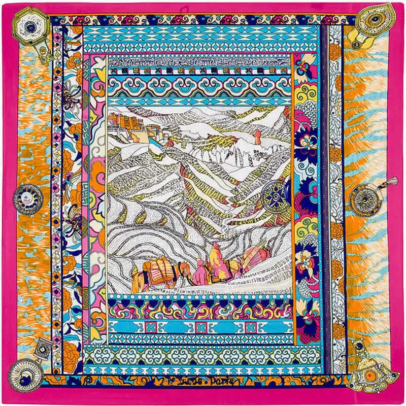 

100% Silk Square Scarf Women National Wind Mountain Print Bandana Shawls Twill Scarf Female Foulard Silk Hijab Lady Bufandas