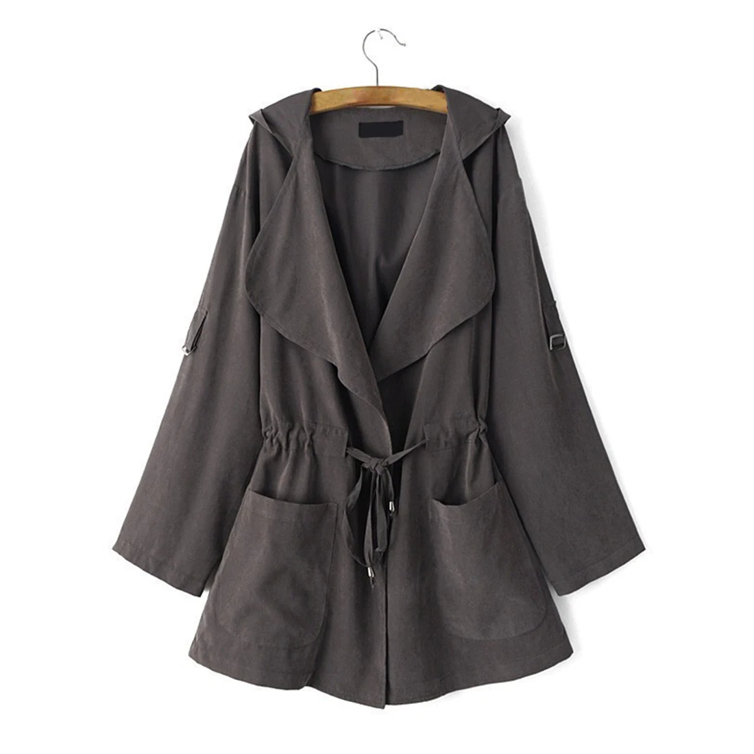 Весна осень Женская мода лацкан Drawstring талия парка ролл-ап рукава Твердые Dost с