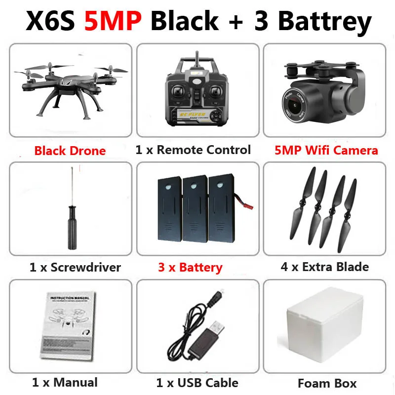 X6S Дрон с камерой 720P 1080P 4K HD WiFi FPV в режиме реального времени аэрофотосъемка высота удержания RC Квадрокоптер Вертолет игрушки VS SG106 E58 - Цвет: 5MP Black 3B