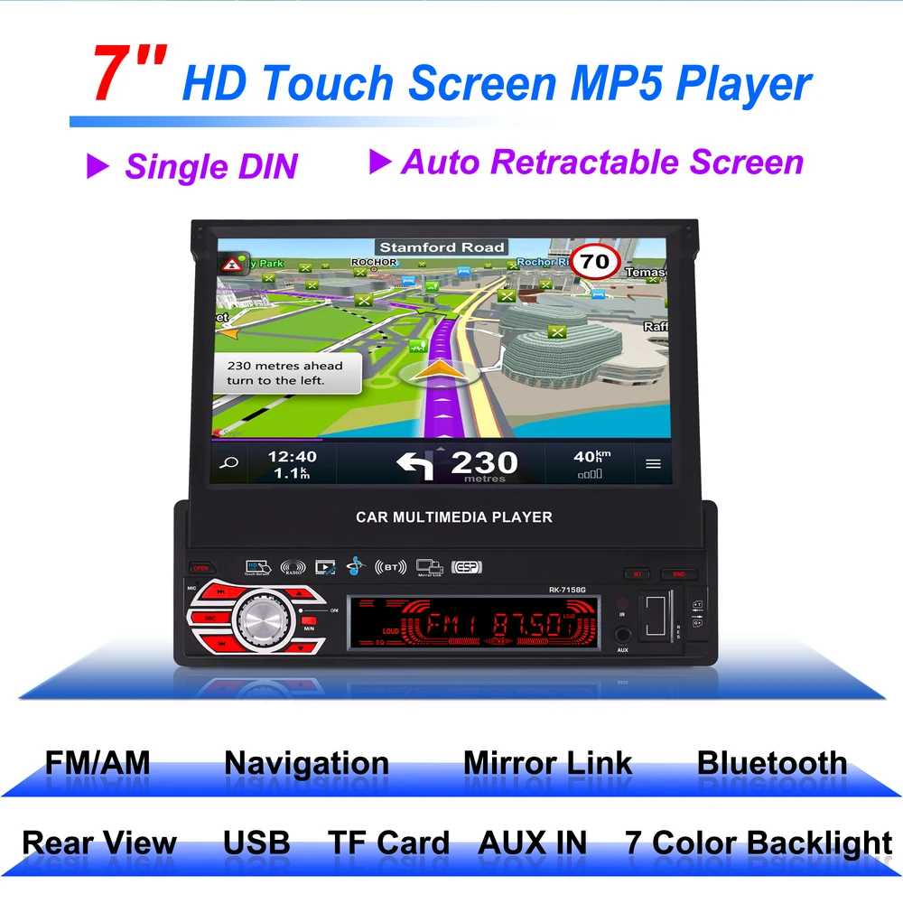 Universal 7158G Car GPS Navigation with Map One Din Multimedia Player 7 colors Radio inch Touch Screen Mirror Link Subwoofer | Автомобили